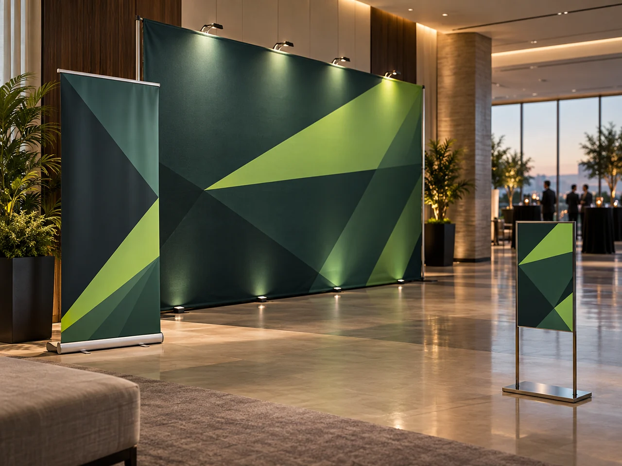 Simula&ccedil;&atilde;o de kit para evento corporativo com backdrop, roll-up e sinaliza&ccedil;&atilde;o