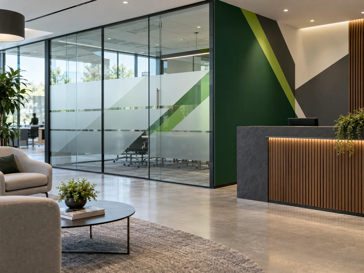 Ambiente corporativo com adesivos de vidro e grafismos de parede