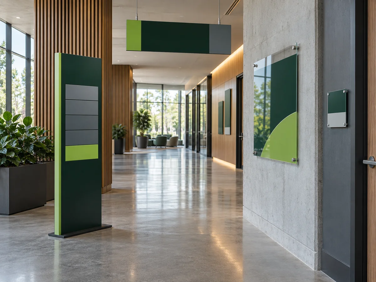 Conjunto de placas e sinaliza&ccedil;&atilde;o em ambiente corporativo